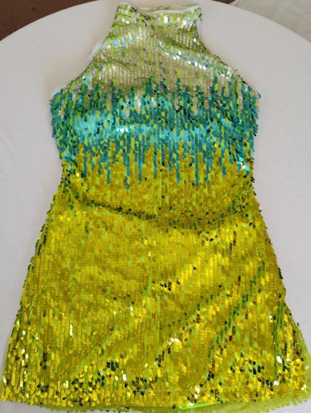 Revolution Dancewear Lime Green And Turquoise Sequins Halter Dance Costume Sz L